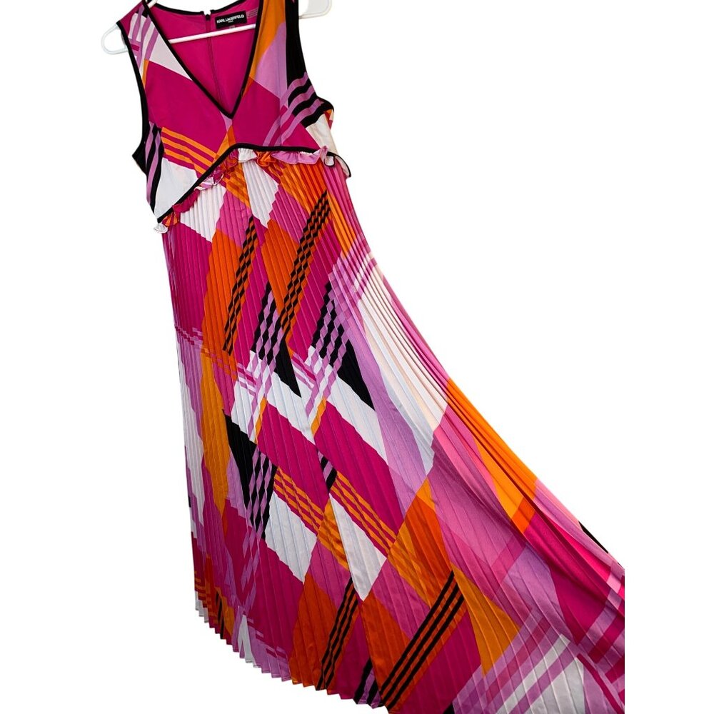 Karl Lagerfeld Paris Sleeveless V-Neck Pleat Dress Sz 8 RX10445 EUC Below Knee